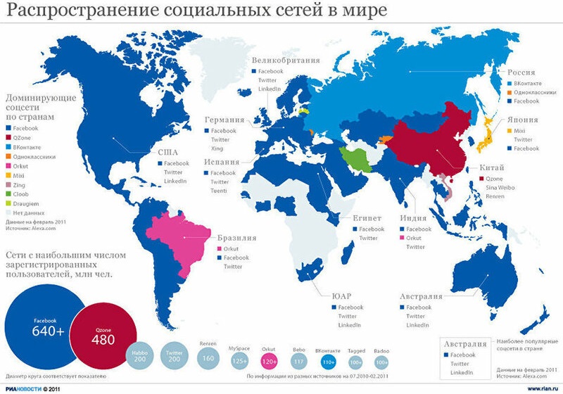 Распространение социальных сетей в мире (карта)
