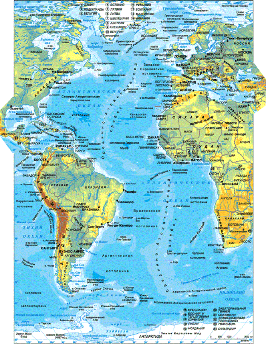 Физическая карта Атлантического океана