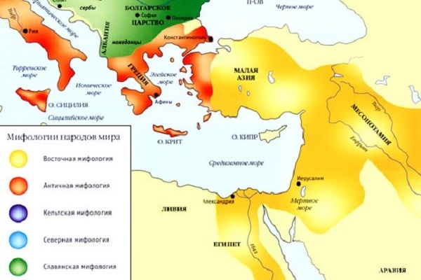 Карта распространения мифологических систем Ближнего Востока