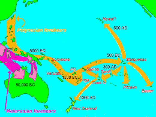 Карта полинезийских миграций, включая гипотетические направления