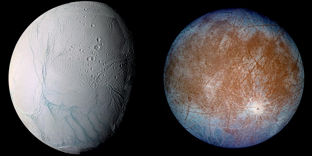 Спутники Европа и Энцелад в сравнении
