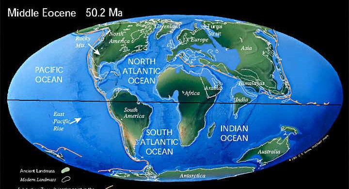 Континенты в среднем эоцене (50 млн. лет назад)