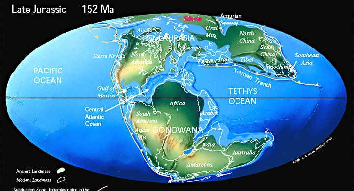 Континенты в позднем юрском периоде (152 млн. лет назад)