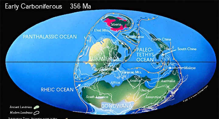 Континенты в раннем карбоне (356 млн. лет назад)
