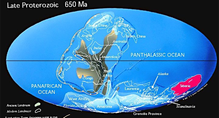 Континенты в позднем протерозое (650 млн. лет назад) - красным показана Сибирская платформа