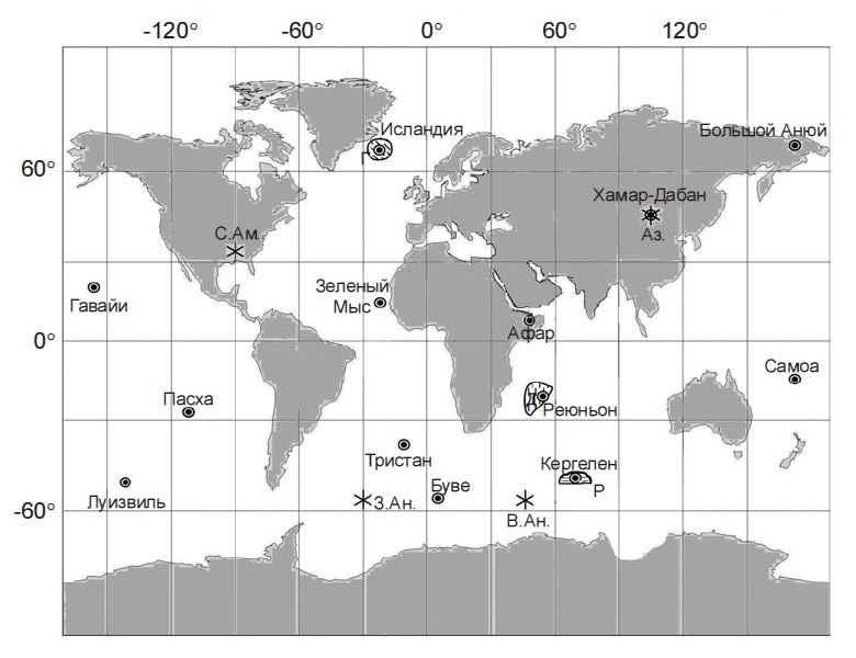 Карта фанерозойских плюмов и магнитных аномалий