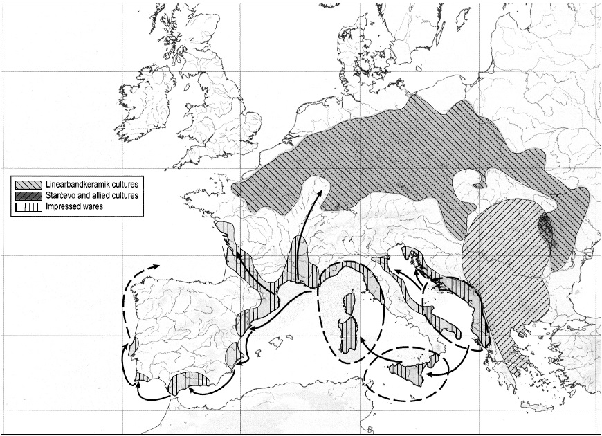 Распространение культуры импрессо и соседние неолитические культуры Европы (5500-4100 лет до н.э.)