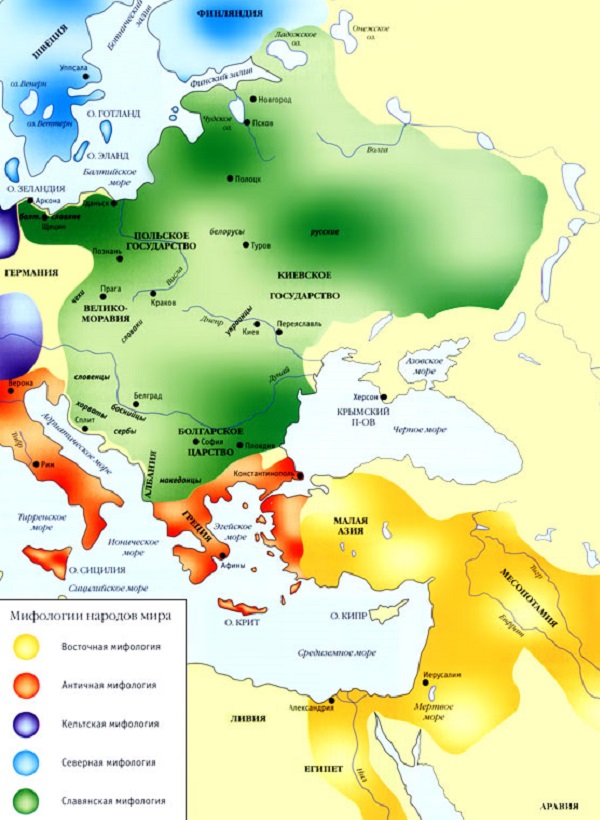 Карта распространения мифологических систем Европы и Ближнего Востока