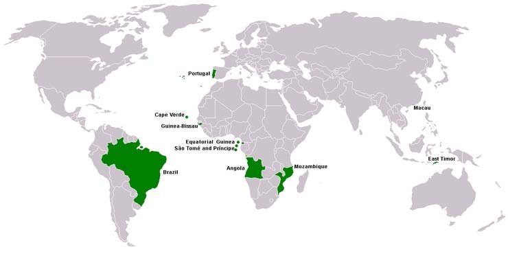 Карта распространения португальского языка в мире