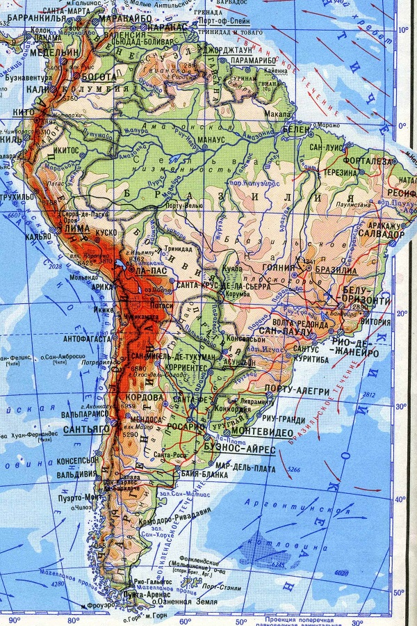 Южная Америка (физкарта с границами и течениями)