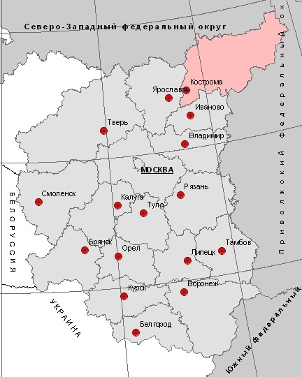 Карта Костромской области в Центральном Федеральном Округе России